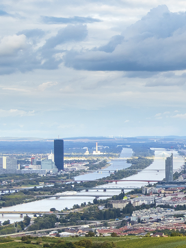 Ein Blick auf Wien von oben. Man sieht die Donau.